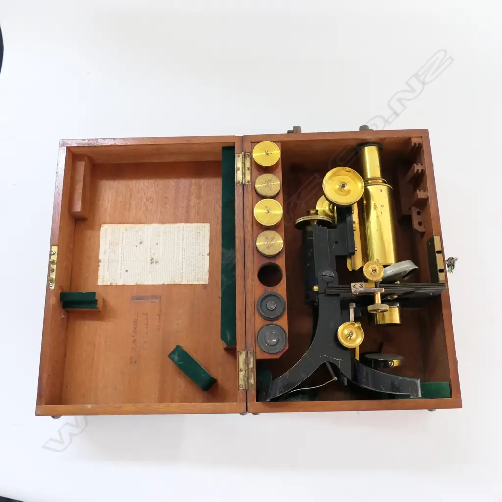 J.SWIFT & SON, LONDON BRASS COMPOUND MONOCULAR MICROSCOPE, w MECHANICAL STAGE, RAISED ON 'ENGLISH' BASE, IN MAHOG BOX Image 1++